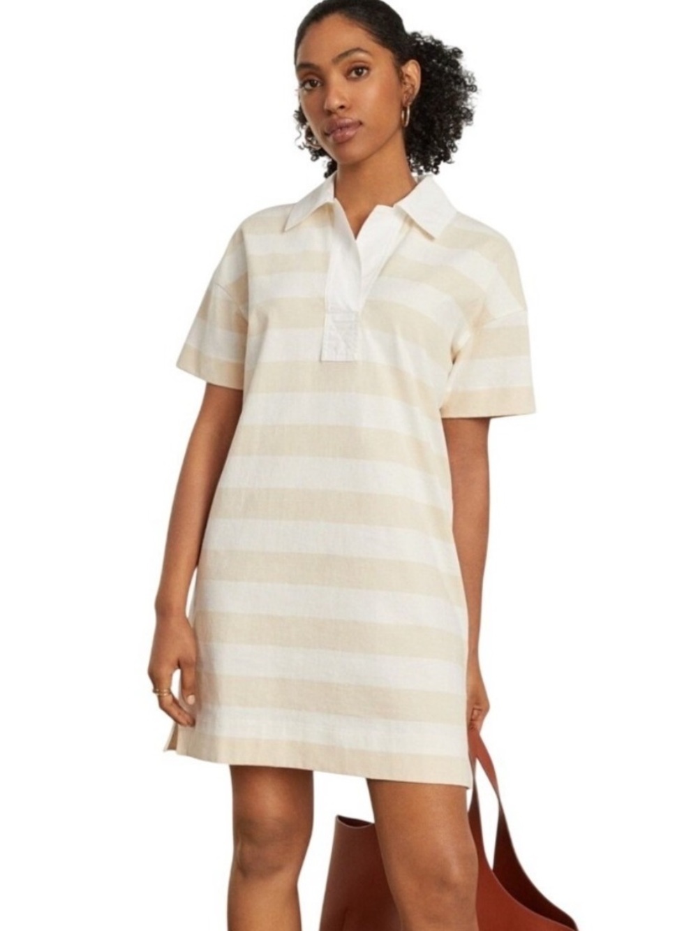 Everlane Organic Cotton Polo Dress Tan White Striped Rugby Mini Large